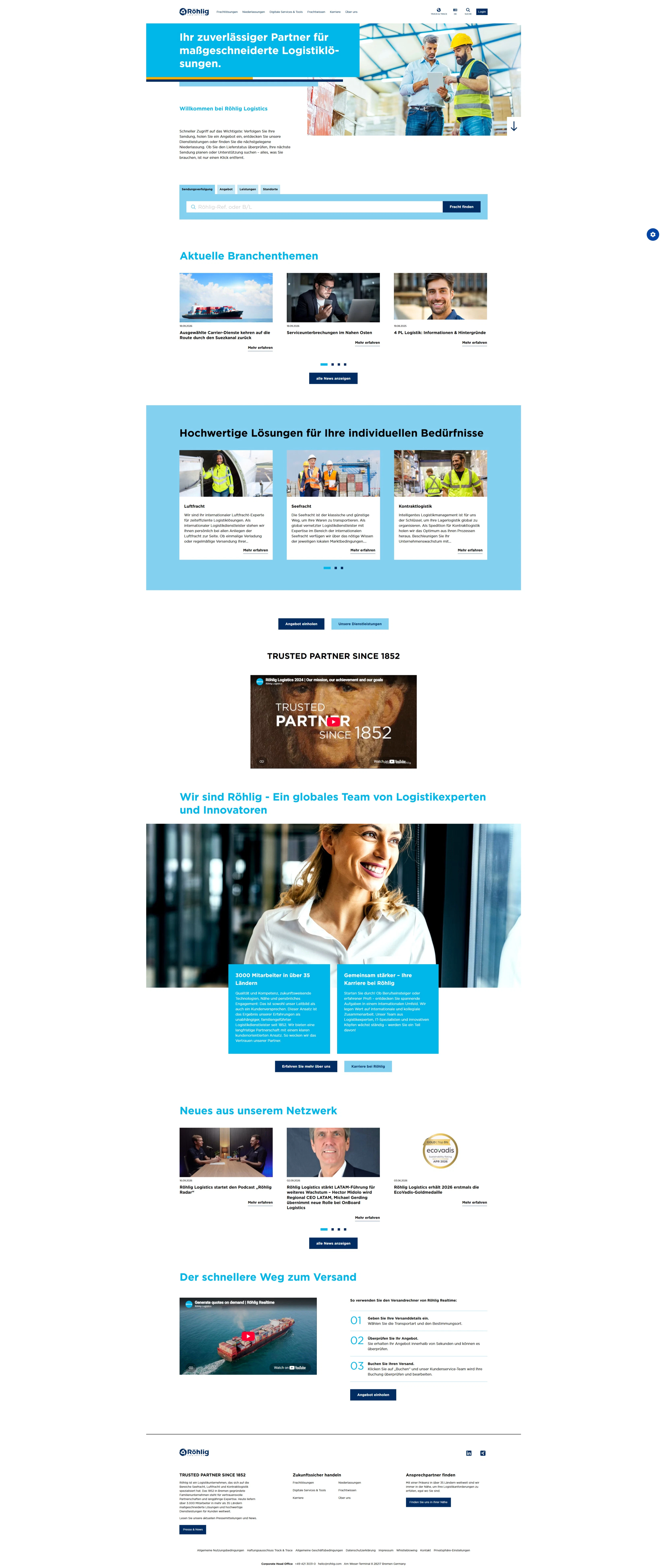 Screenshot der deutschen Röhlig-Startseite Screenshot einer deutschen Logistik-Unternehmenswebsite mit Bannern, Themenkarten, Serviceboxen, News und Footer.
