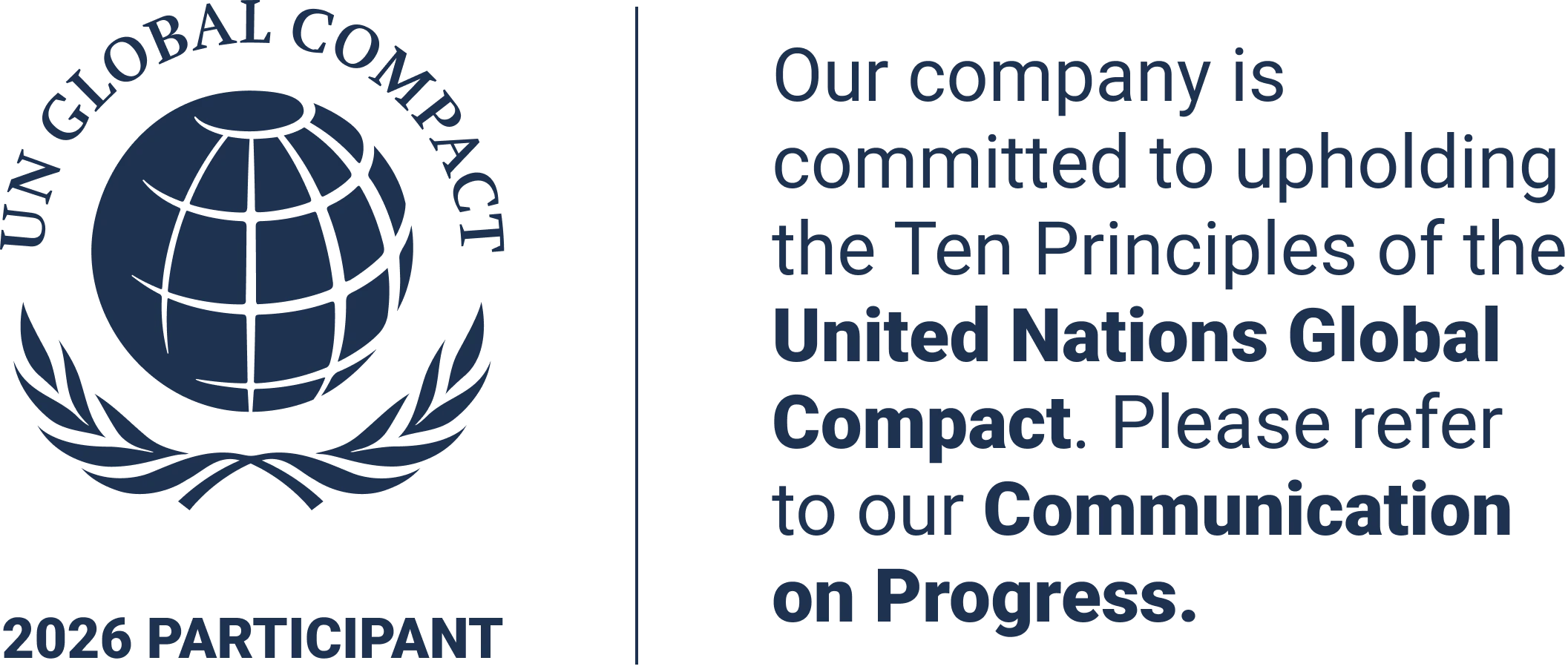 UN Global Compact Participant 2026 Logo and text for the UN Global Compact 2026 with reference to the ten principles and the progress report